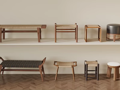 Wooden Frame Stools With Wicker Seats And Various Designs Displayed On Shelves And Floor 3d model