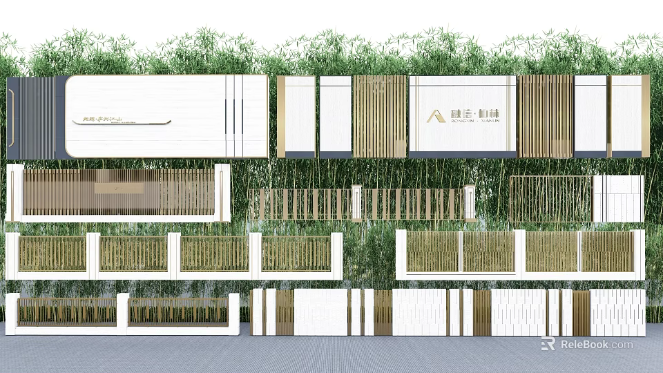 Modern Building Facade Design With Metal Grilles Wooden Elements And Greenery Background 3d model 
