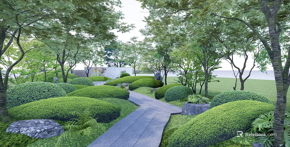 Beautiful Garden Landscape With Trimmed Green Shrubs Stone Path And Trees 3d model 