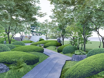 Beautiful Garden Landscape With Trimmed Green Shrubs Stone Path And Trees 3d model