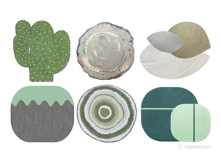 Modern Decorative Shaped Rugs With Various Green Gray White Textured Design Patterns 3d model