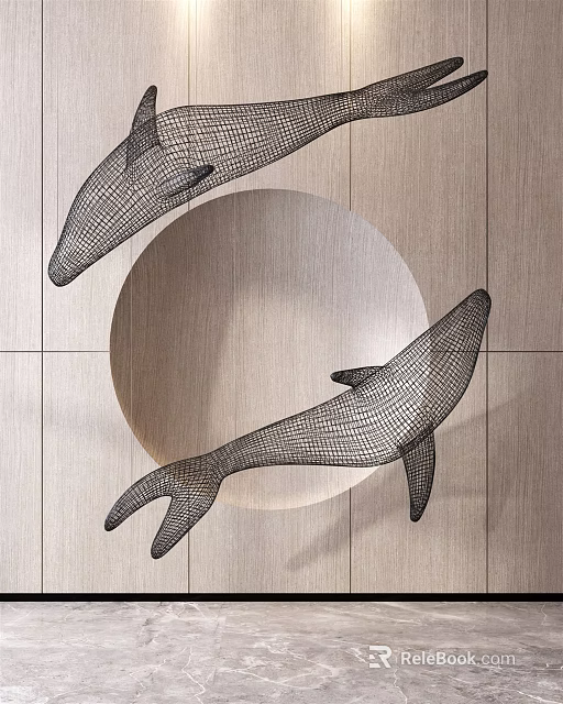 Black Wire Mesh Dolphin Hanging Decor on Wooden Wall with Circular Accent 3d model 