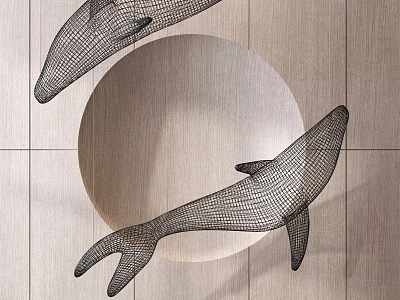 Black Wire Mesh Dolphin Hanging Decor on Wooden Wall with Circular Accent 3d model