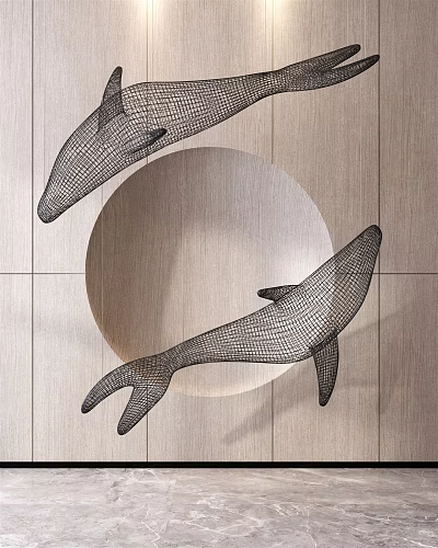 Black Wire Mesh Dolphin Hanging Decor on Wooden Wall with Circular Accent 3d model Black Wire Mesh Dolphin Hanging Decor on Wooden Wall with Circular Accent 3d model