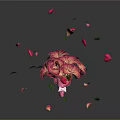 Pink and Red Roses Bouquet with Falling Petals and Green Leaves on Dark Background