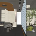Modern Interior Landscape Design With Indoor Trees And Lattice Partition Lighting