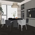 Dining Room Round Dining Table and Chair Combination Sideboard Chandelier 3d model