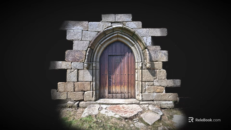 Ancient Stone Arched Doorway With Weathered Wooden Door And Rustic Stone Blocks 3d model 