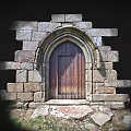 Ancient Stone Arched Doorway With Weathered Wooden Door And Rustic Stone Blocks