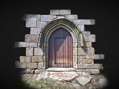 Ancient Stone Arched Doorway With Weathered Wooden Door And Rustic Stone Blocks 3d model