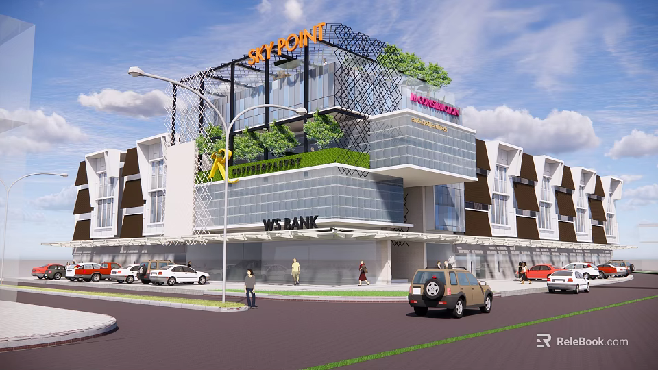 ST POINT Commercial Complex With Modern Glass Facade Green Plants And MS BANK 3d model 