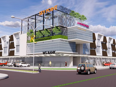 ST POINT Commercial Complex With Modern Glass Facade Green Plants And MS BANK 3d model