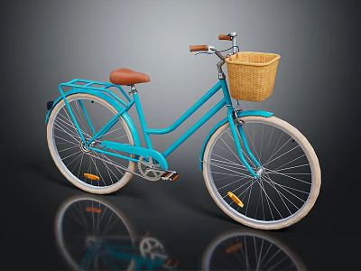Classic Blue Bicycle With Brown Seat Wicker Front Basket And White Rims 3d model