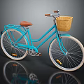 Classic Blue Bicycle With Brown Seat Wicker Front Basket And White Rims