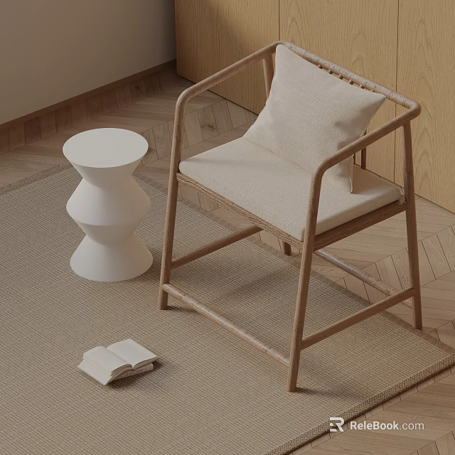 Dining Chair with Wooden Frame Woven Seat and Beige Cushion on Rug and Side Table 3d model 