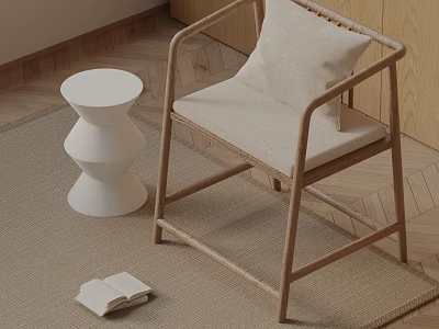 Dining Chair with Wooden Frame Woven Seat and Beige Cushion on Rug and Side Table 3d model