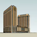 Modern Twin High Rise Office Building With Golden Facade And Ground Floor Entrance