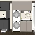 Practical Kitchen Interior With Washing Machines Dryers Cabinets Sink And Storage Basket