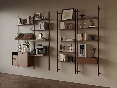 Modern Home Office With Wall Mounted Shelves Books Decorative Items And Herringbone Floor 3d model