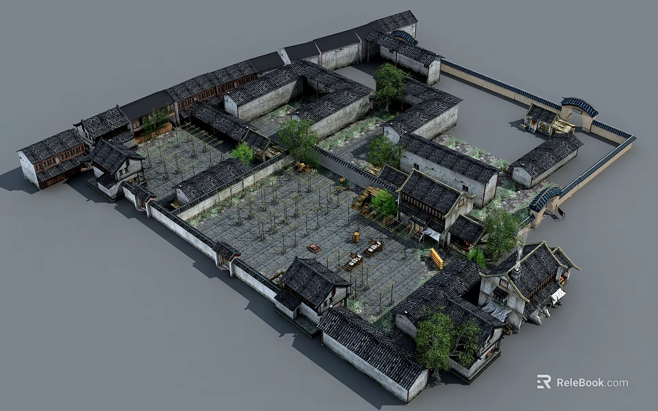 Aerial View of Traditional Chinese Ancient Architecture With Courtyards Gray Tiles White Walls and Trees 3d model 
