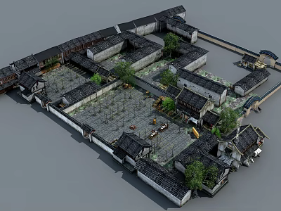 Aerial View of Traditional Chinese Ancient Architecture With Courtyards Gray Tiles White Walls and Trees 3d model