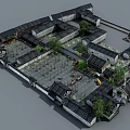 Aerial View of Traditional Chinese Ancient Architecture With Courtyards Gray Tiles White Walls and Trees