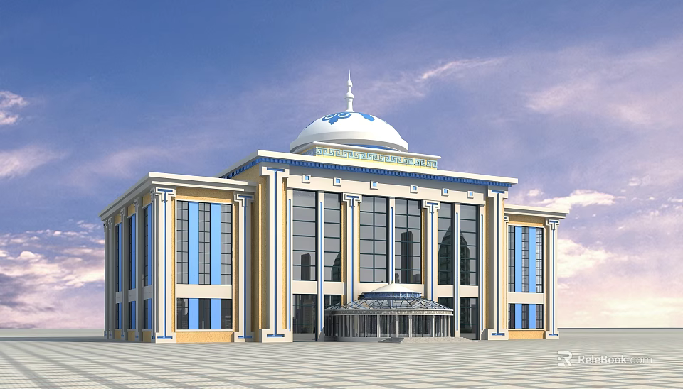 Elegant Office Building With White Dome Large Windows And Glass Entrance 3d model 