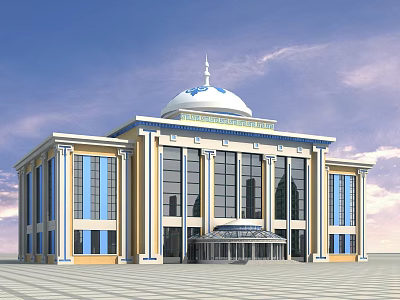 Elegant Office Building With White Dome Large Windows And Glass Entrance 3d model