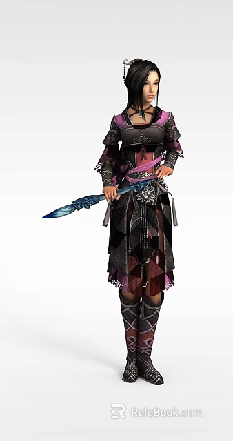 Multiple Characters in Black Purple Outfits Holding Blue Spears With Decorative Armor 3d model 