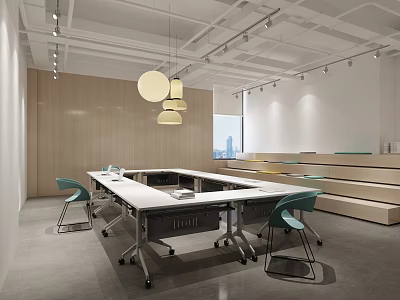 Modern Conference Room Interior Design With Rectangular Table Green Chairs And Pendant Lights 3d model