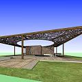 Outdoor Wooden Pergola With Lattice Roof Circular Yin Yang Design And Grass Area