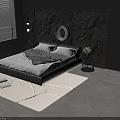 Modern Double Bed With Striped Bedding Gray Tones Circular Wall Decor Nightstands Rug And Window Light