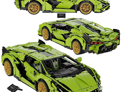 Green Building Blocks Sports Car Model With Multiple Angles And Yellow Wheels 3d model