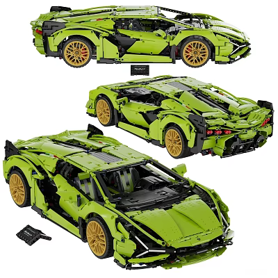 Green Building Blocks Sports Car Model With Multiple Angles And Yellow Wheels 3d model