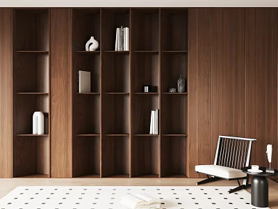 Modern Wooden Bookshelf with Multiple Shelves Books Decorative Items Chair and Small Table on Rug 3d model