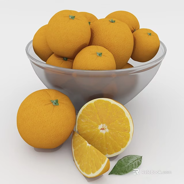 Fresh Ripe Oranges in Transparent Glass Bowl with Whole Sliced Pieces and Green Leaf 3d model 