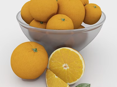 Fresh Ripe Oranges in Transparent Glass Bowl with Whole Sliced Pieces and Green Leaf 3d model