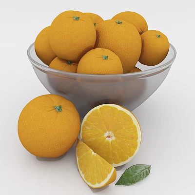 Fresh Ripe Oranges in Transparent Glass Bowl with Whole Sliced Pieces and Green Leaf 3d model