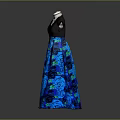 Elegant Women's Dress with Black Top Blue Rose Pattern Skirt and Necklace