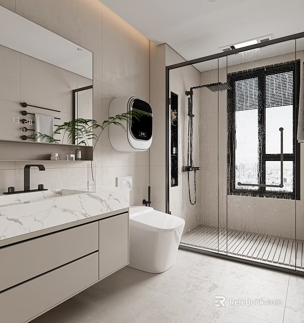 Modern Bathroom Interior With Marble Countertop Glass Shower And Smart Toilet 3d model 