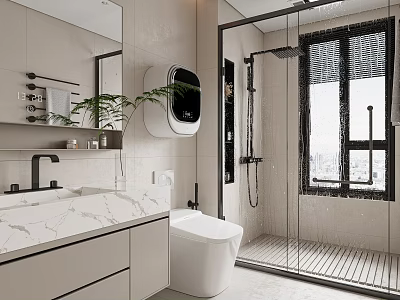 Modern Bathroom Interior With Marble Countertop Glass Shower And Smart Toilet 3d model
