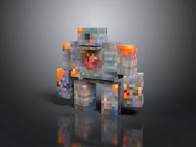 Pixelated Minecraft Block Monster with Glowing Lava and Fire Details in 3D Rendering 3d model