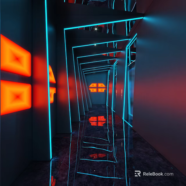 Futuristic Elevator Hallway With Blue Red Neon Lights Reflective Floor And Geometric Accents 3d model 