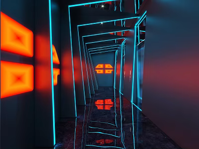 Futuristic Elevator Hallway With Blue Red Neon Lights Reflective Floor And Geometric Accents 3d model