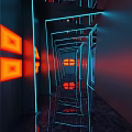 Futuristic Elevator Hallway With Blue Red Neon Lights Reflective Floor And Geometric Accents