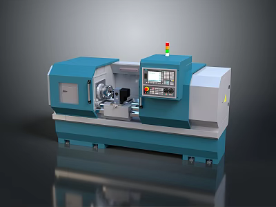 Blue CNC Lathe Machine Tool with Digital Control Panel and Operation Console 3d model