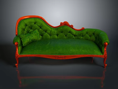 Green Tufted Velvet Sofa With Red Carved Wooden Frame And Decorative Pillow 3d model