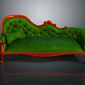 Green Tufted Velvet Sofa With Red Carved Wooden Frame And Decorative Pillow