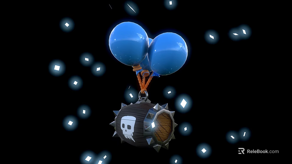 Skull Themed Doll With Hanging Blue Balloons And White Sparkles On Black Background 3d model 