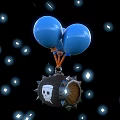 Skull Themed Doll With Hanging Blue Balloons And White Sparkles On Black Background